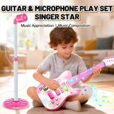 Girls' guitar + microphone set, children's beginner guitar instrument, simulated singing microphone and wind guitar toy