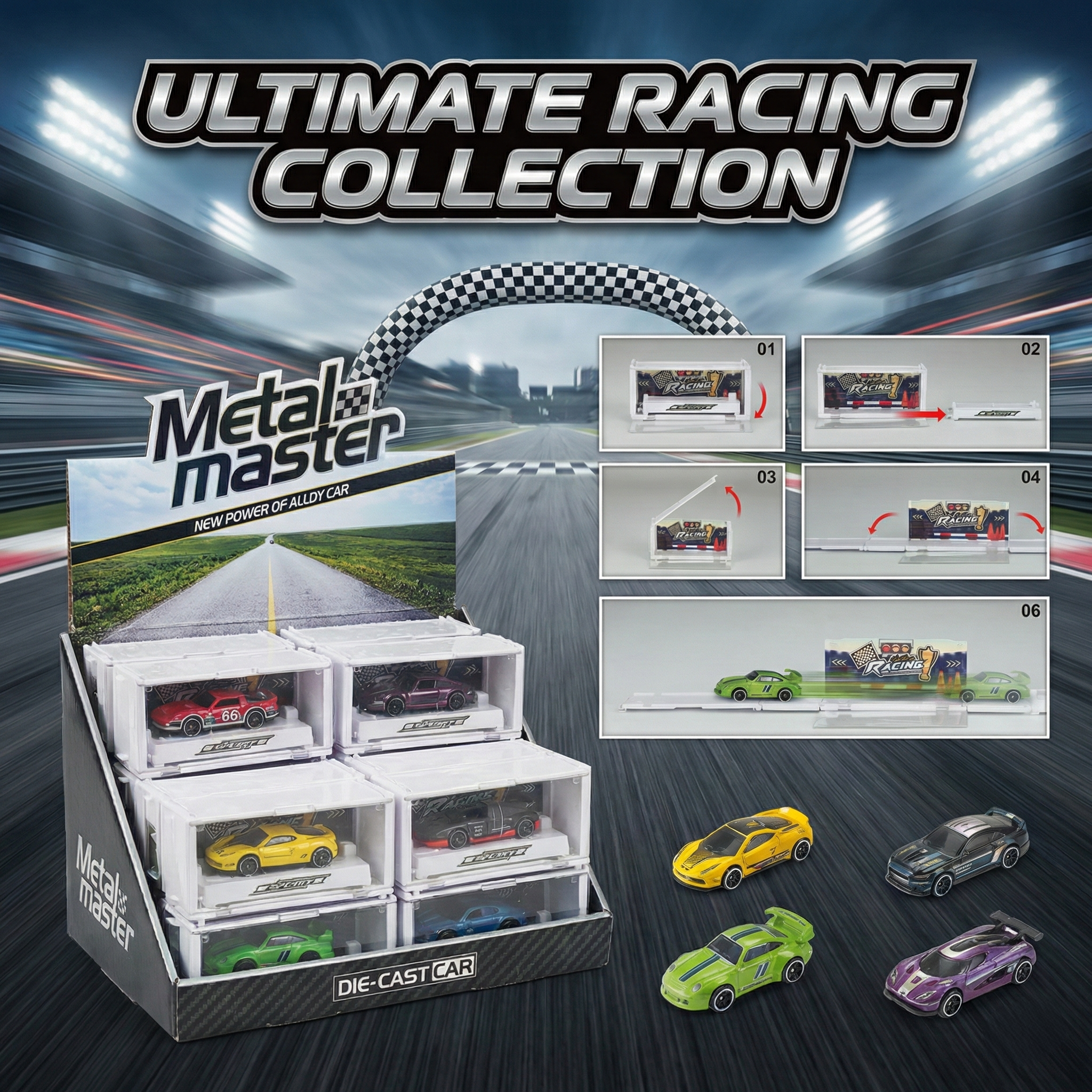 Storage container catapult runway for alloy sports car, folding catapult runway for racing car, children's racing toy folding runway toy car